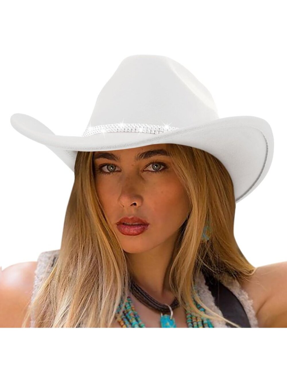 Women's White Glitter Rhinestone Wide Brim Felt Cowboy Western Cowgirl Hat